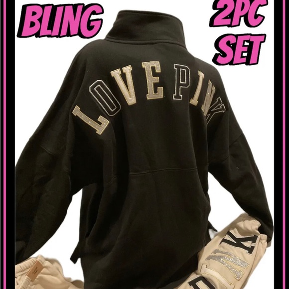 NEW VICTORIAS SECRET PINK BLING VARSITY FULL ZIP & LEGGINGS or JOGGERS 2PC SET - Picture 8 of 8